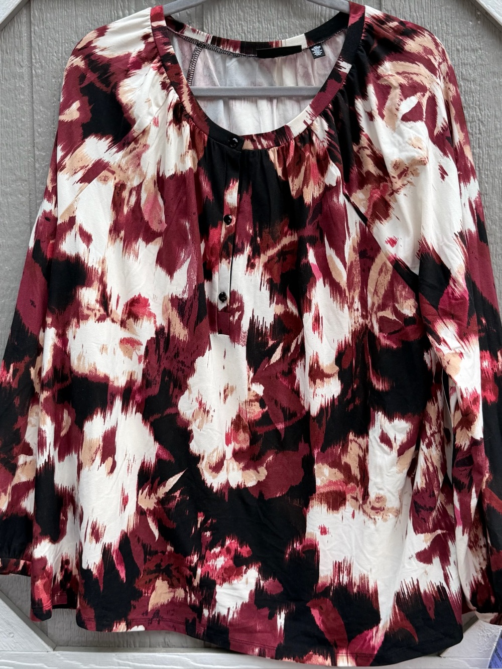 Rafaella Maroon Black Cream Abstract Floral Long Sleeve Blouse